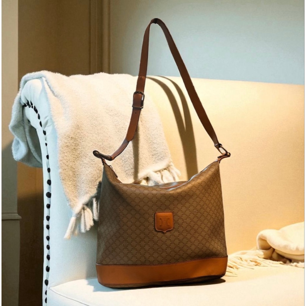 Celine Brown Tan Macadam Monogram Hobo Style Shoulder Bag